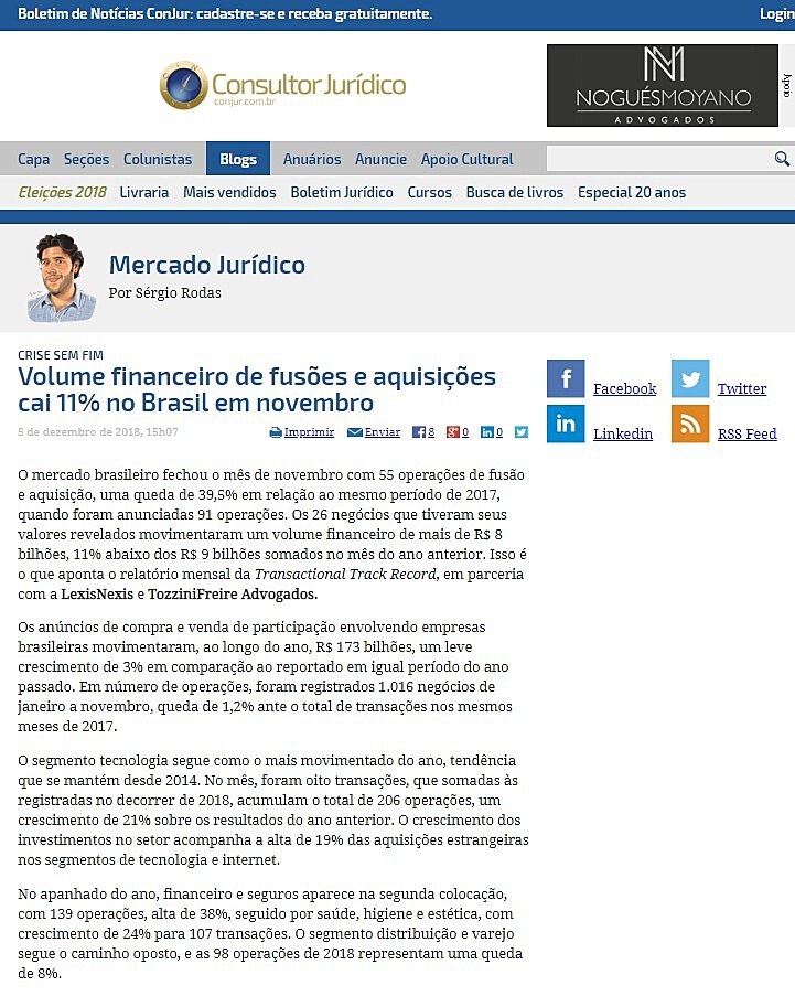 Volume financeiro de fuses e aquisies cai 11% no Brasil em novembro